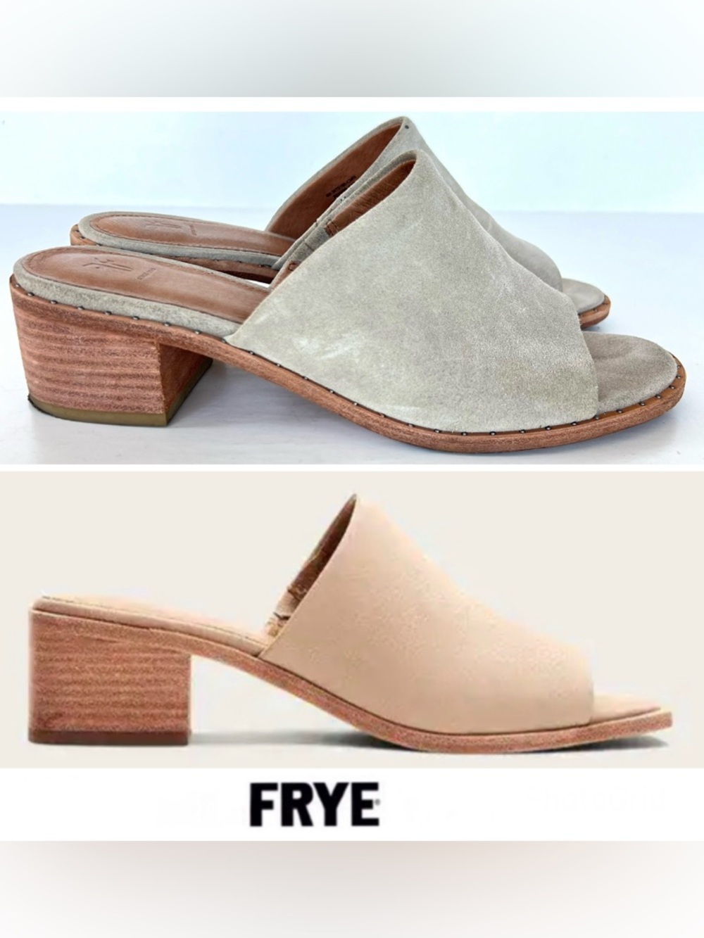 FRYE Cindy Light Gray Suede Leather Heel Open Toe Heels Sandals Mules Sz 8 M